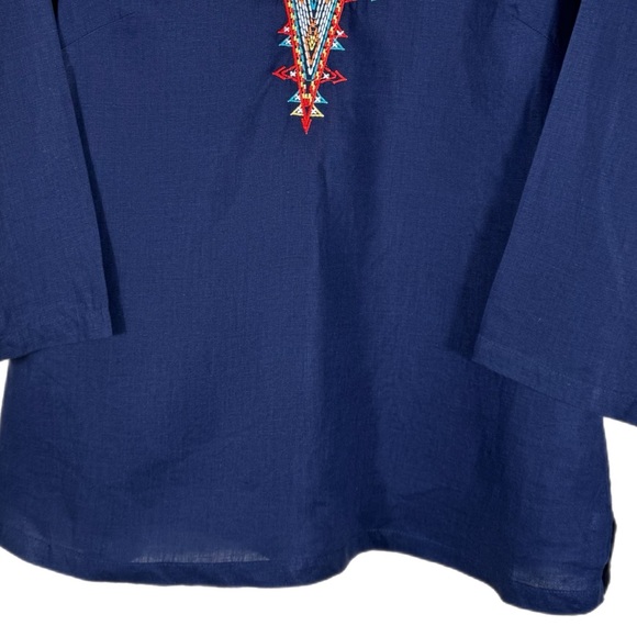 Nurture Woman’s 100% Linen Embroidered V-Neck Tunic M Aztec Southwestern Navy - Picture 3 of 8